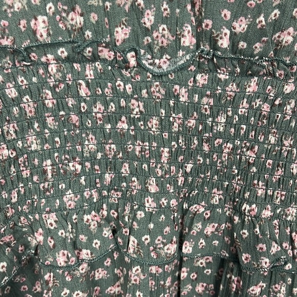 Peach Love Womens Dress M Olive Green Pink Floral Print Smock Waist Pullover EUC - Picture 6 of 15